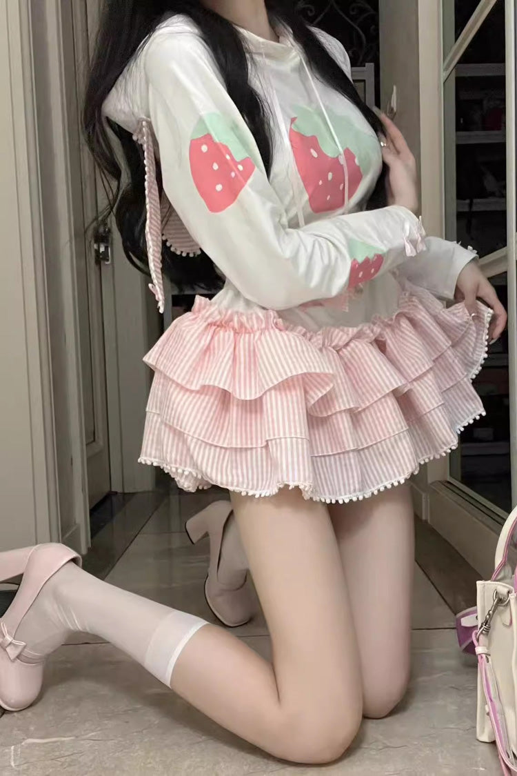 Ivory & Pink Long-Sleeve Triple Strawberry Print Hooded Sweet Lolita Dress