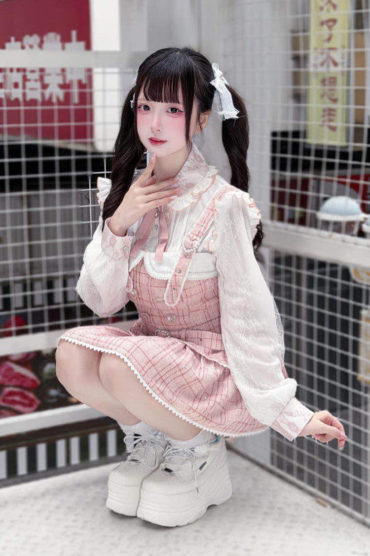 Pink Plaid Printed Pearl-Decorated Sweet Jirai Kei Japanese Strap Dress Set
