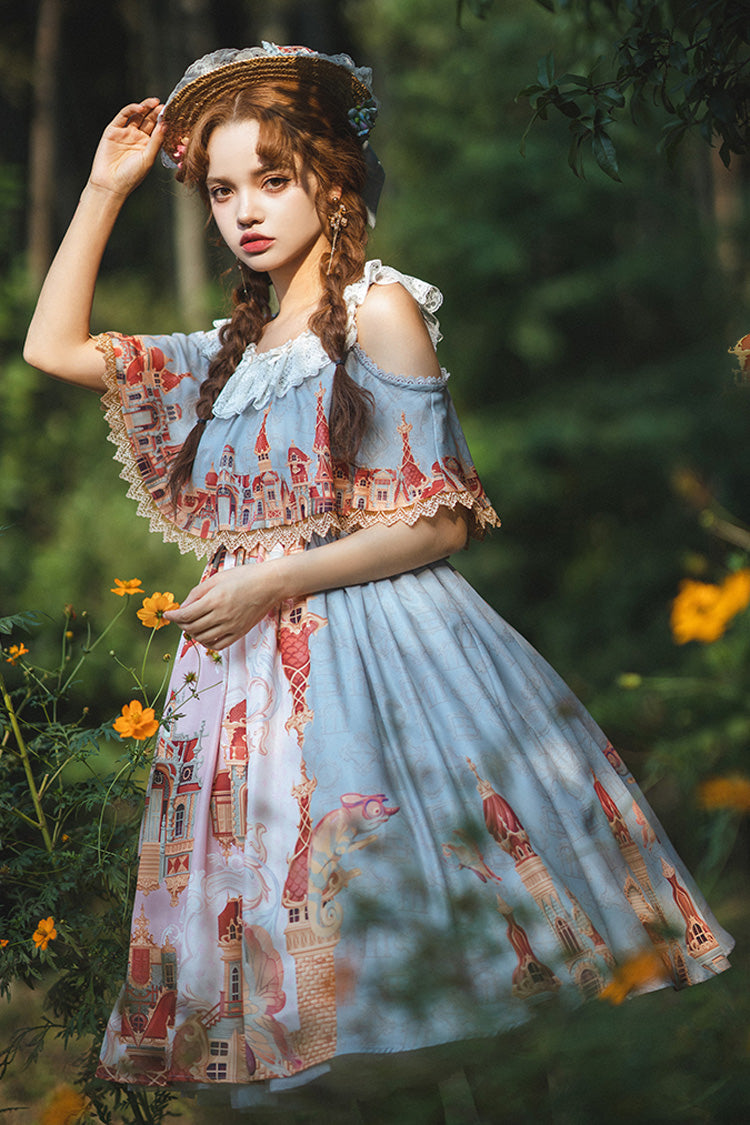 Multi-Color Oil Painting Printed Sweet Lolita Dress - Off Shoulder Short Sleeved