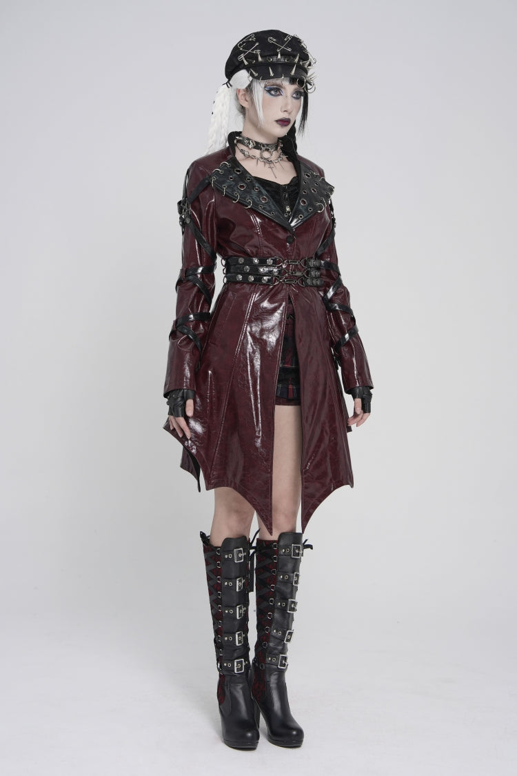 Crimson Lapel Lace-Up Irregular Eyelets Punk Coat