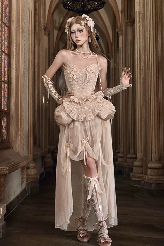 Apricot V-Neck Sleeveless High-Waisted Ruffle Embroidery Lace Fishbone Corset Skirt Set