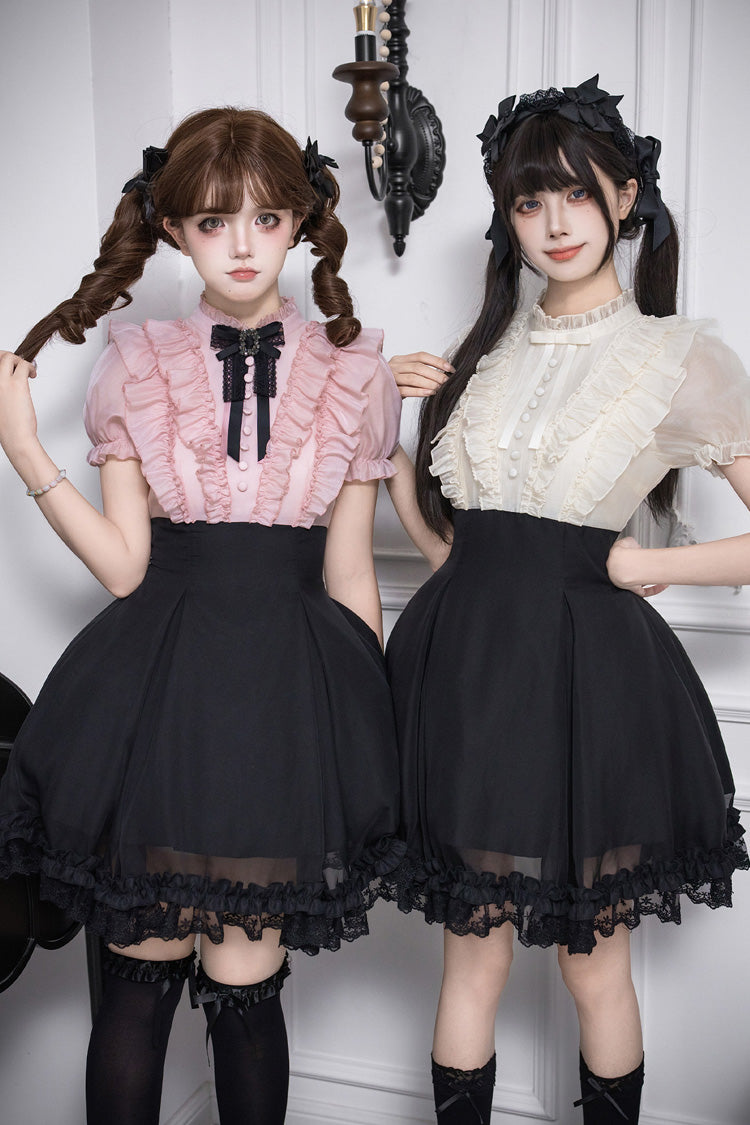 Miss Lola Snow Kiss Stand Collar Short Puff Sleeves Ruffled Color-Blocked Faux Two-Piece Sweet Lolita Dress 3 Colors - Black