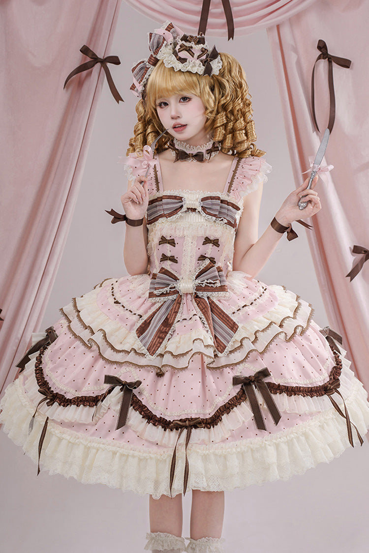 Sleeveless Print Ruffle Bow Lace-Up Sweet Elegant Lolita Jumper Dress - Pink
