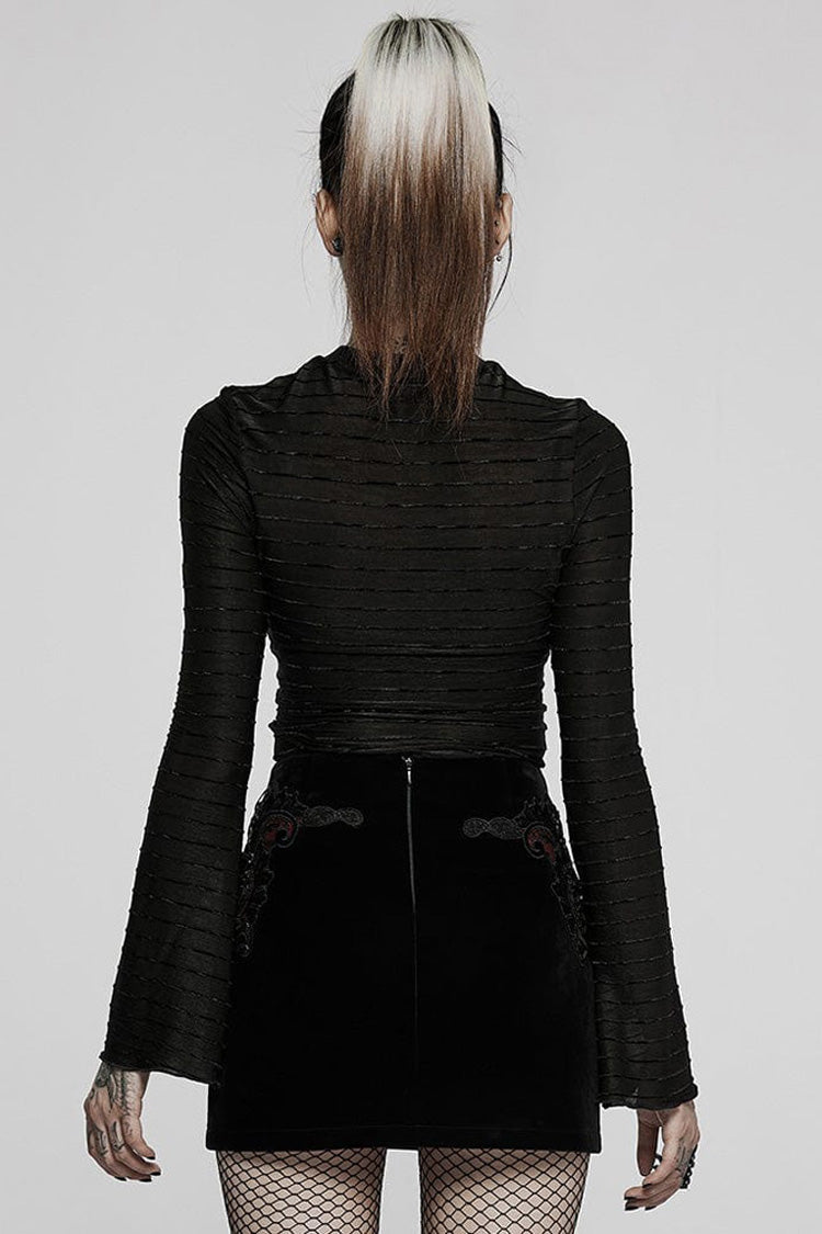 Gothic Velvet Tee with Striped Flared Sleeves, Asymmetric Hem