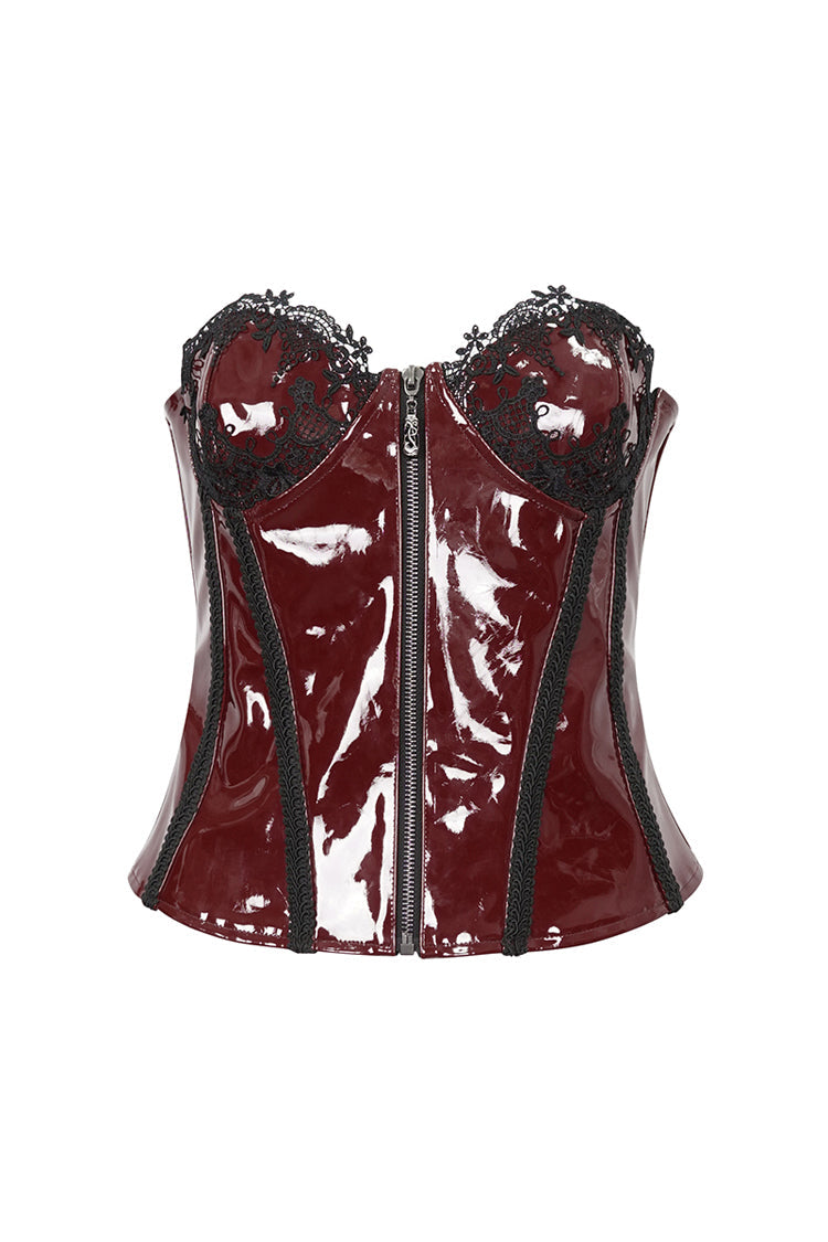 Crimson Lace Splice Patent Leather Punk Overbust Corset