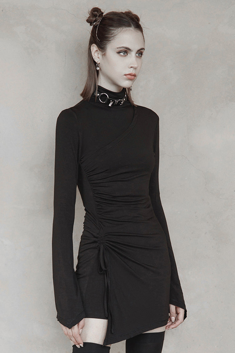 Cashmere Knit Cross Fold Tie High Collar Pleated Punk Dress