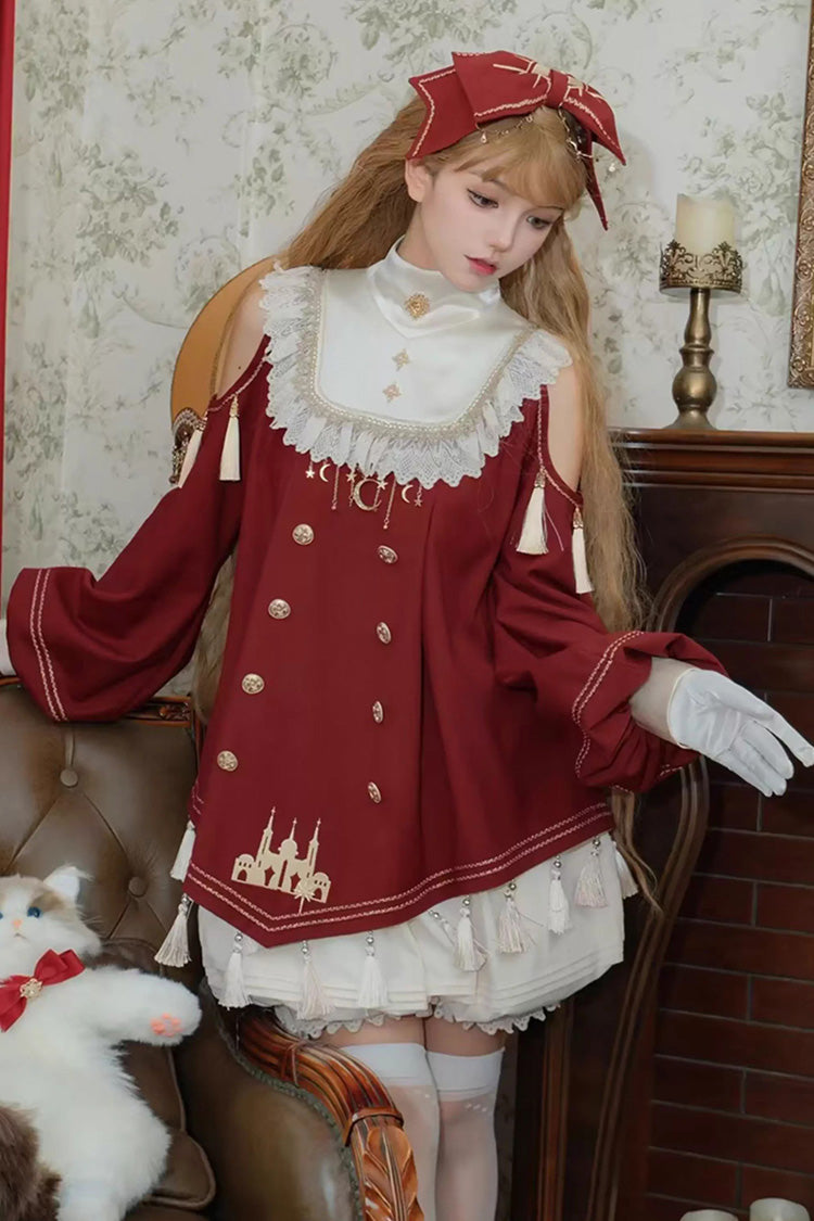 Crimson Starry Night Gown with Ruffled Sleeves and Embroidery