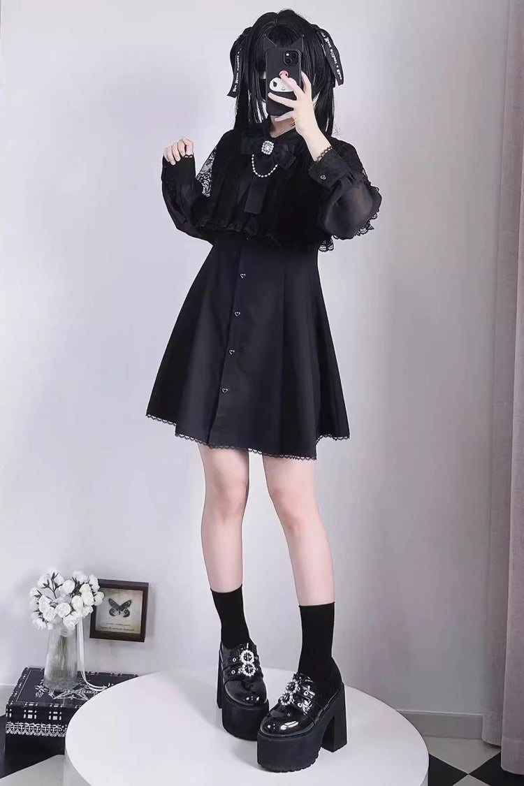 Slim Jirai Kei Dress with Shawl Collar and Lace