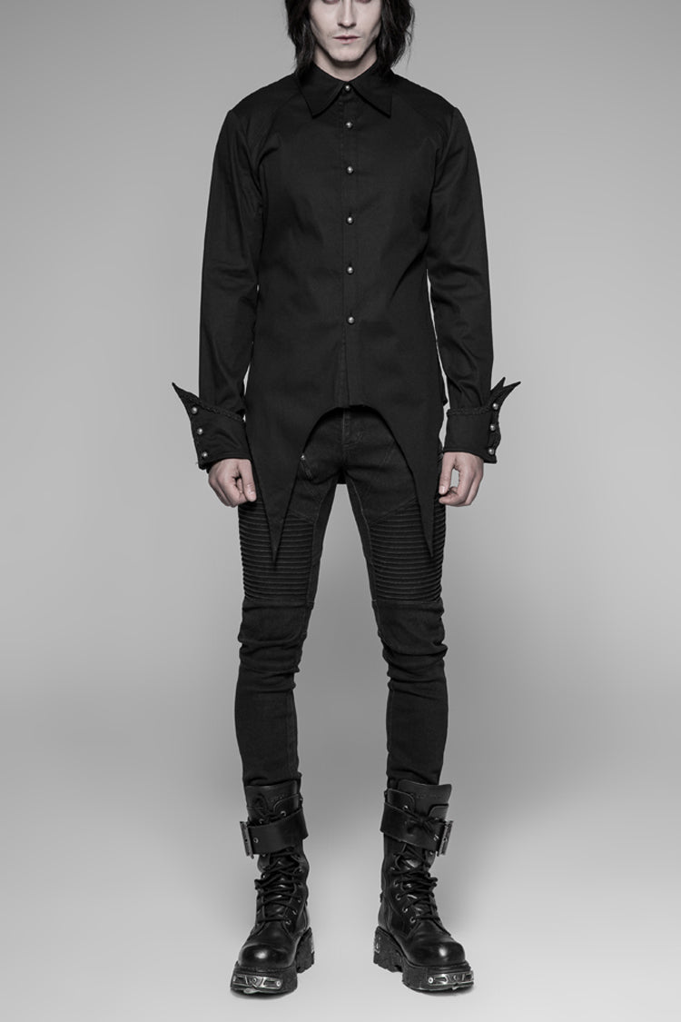 Jet-Black Gothic Shirt with Metal Buckle Trim and Sharp Hem for Men