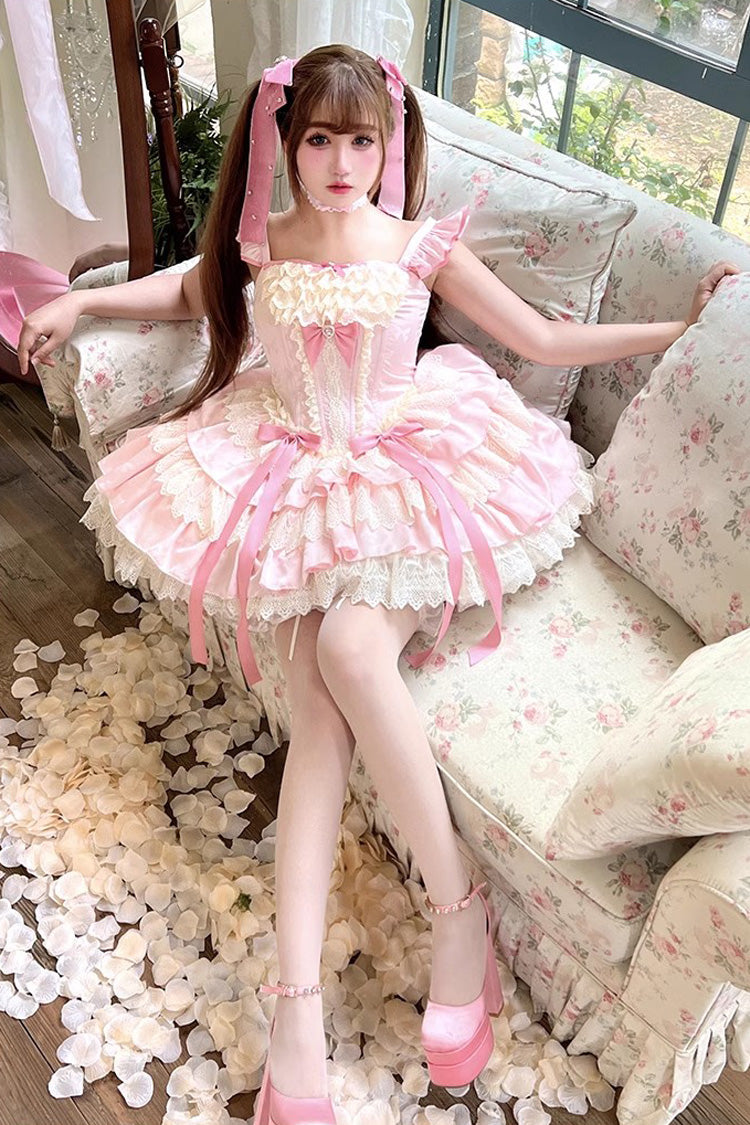 Pink Multi-Layered Ruffled Bow Lace Sweet Ballet Lolita Dress