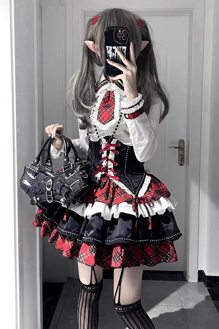 Red/White/Black Multi-Layer Ruffle Opera Rock Girl Gothic Lolita Strap Dress Set