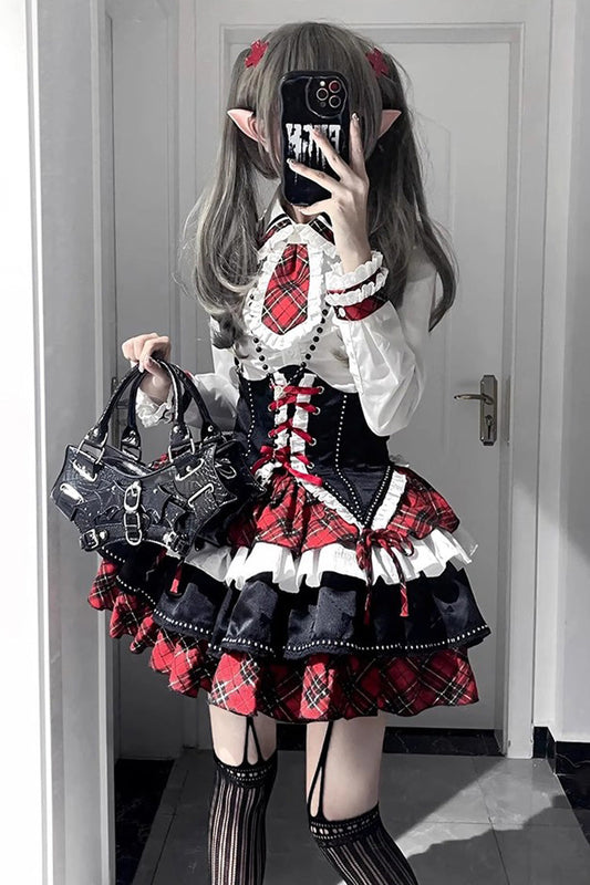 Red/White/Black Multi-Layer Ruffle Opera Rock Girl Gothic Lolita Strap Dress Set