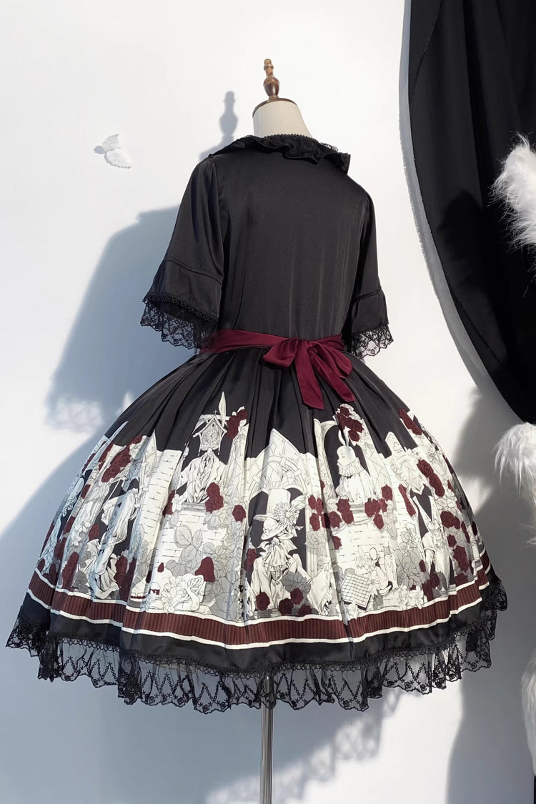 Black Alice of the Asylum Print Bow Lace Gothic Lolita Dress Two Versions