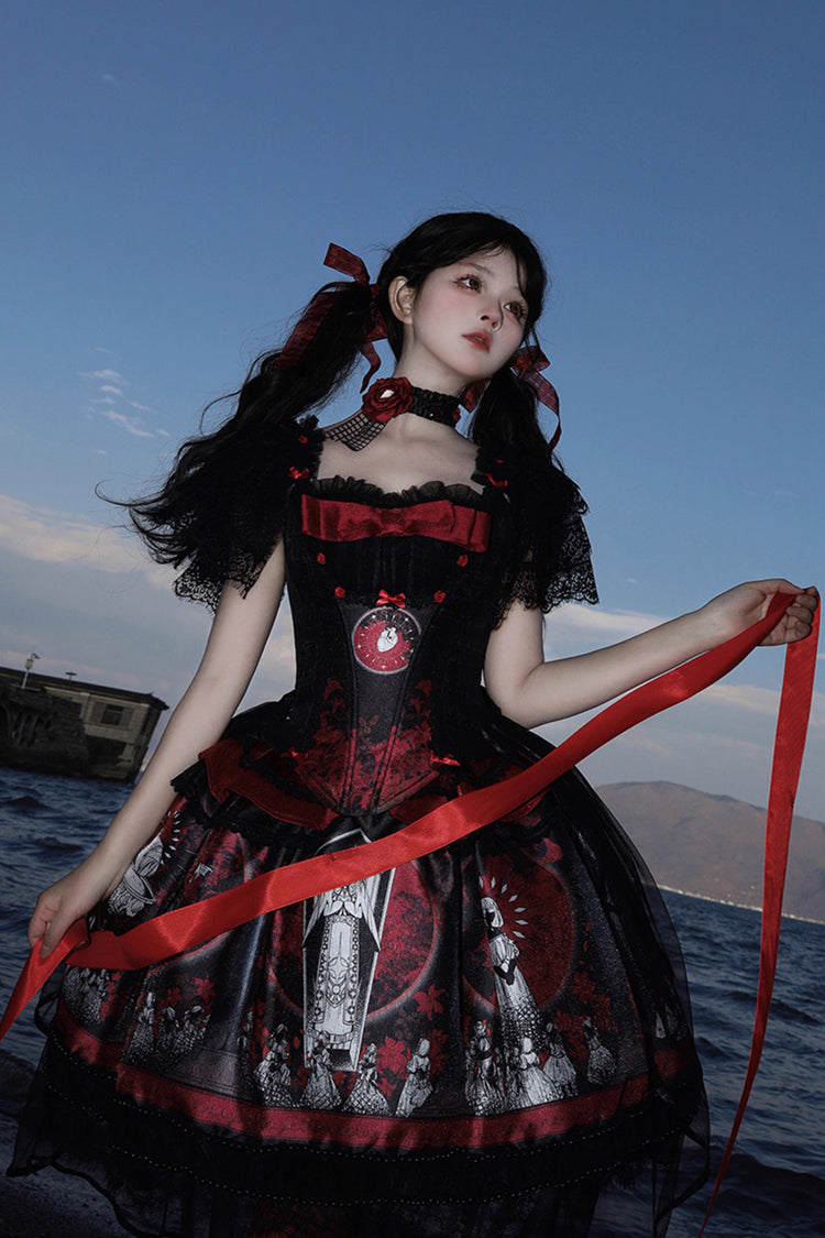 Red Printed Embroidered Gothic Lolita Skirt Dress