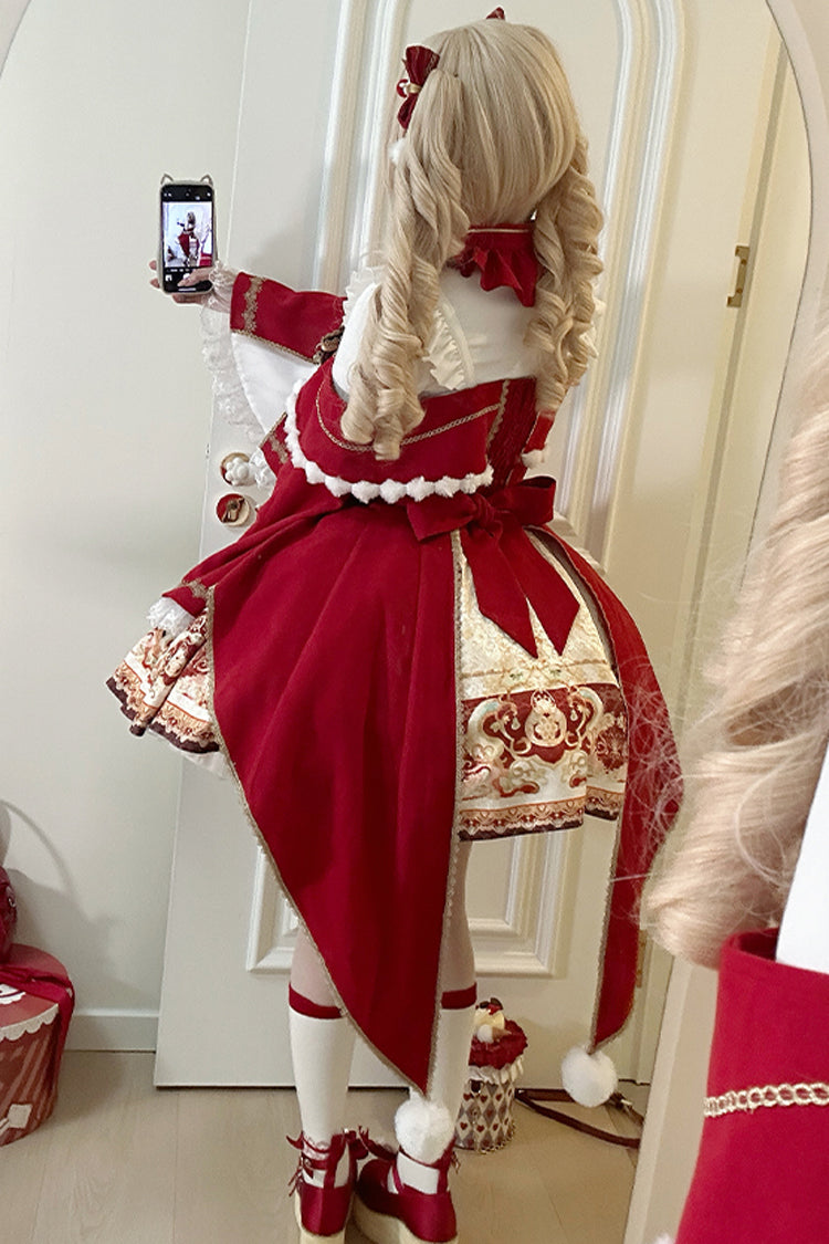 New Year Red Print Ruffle Bowknot Lace-Up Sweet Chinese Style JSK Dress