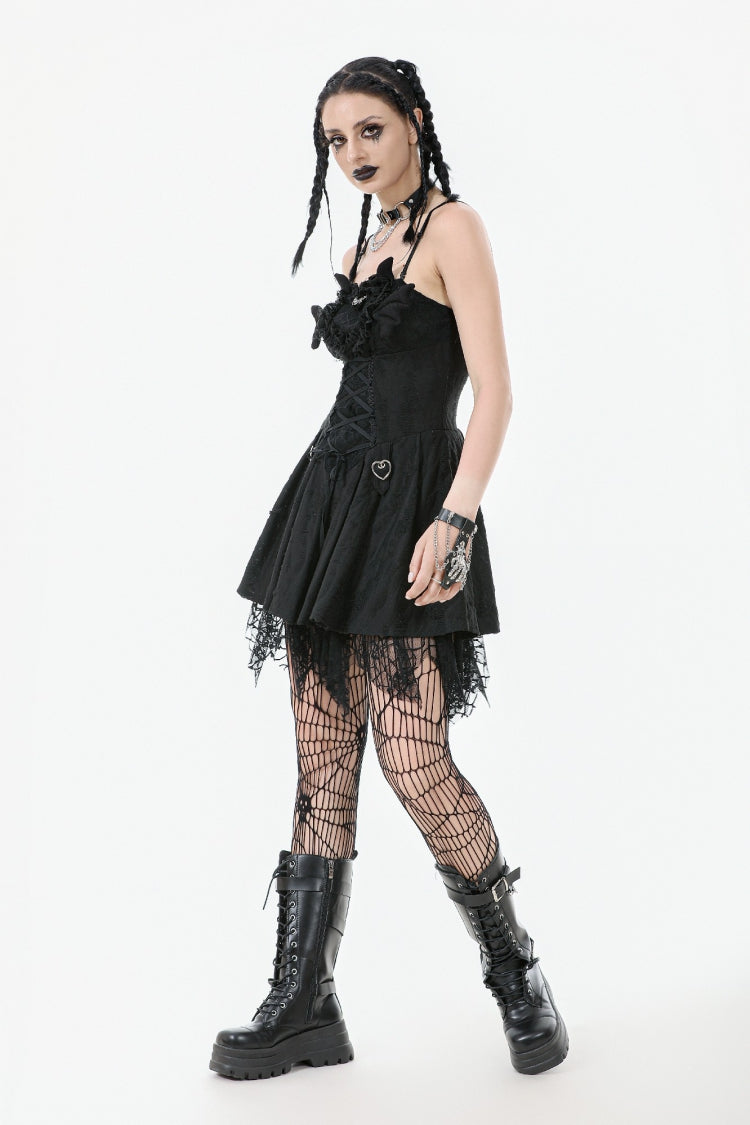 Sleeveless Lace Lace-Up Pleated Gothic Dark Demon Slip Dress
