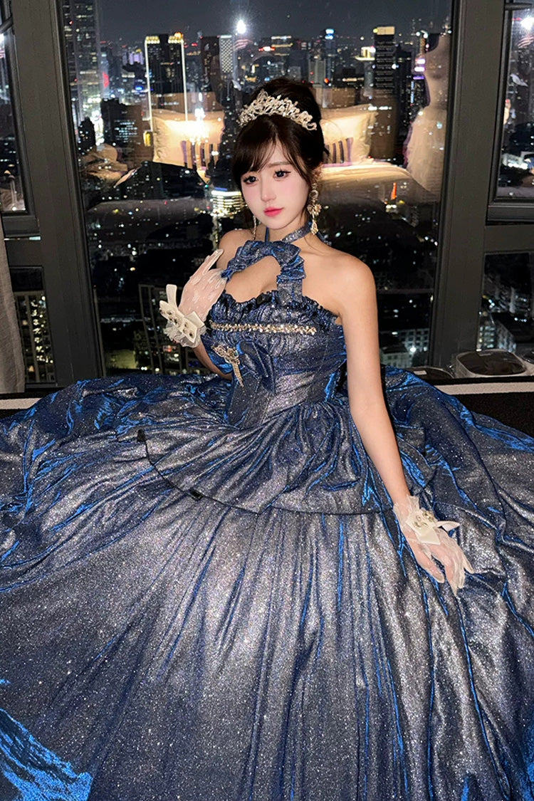 Sweet Lolita Skirt Set with Ruffled Cut-Out Bow and Glitter - Blue