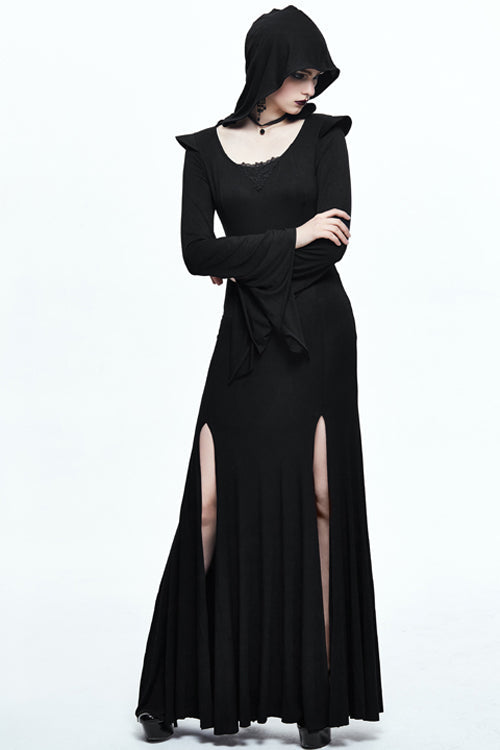 Hooded Knit Dress with Flared Sleeves and Fishtail Hem
