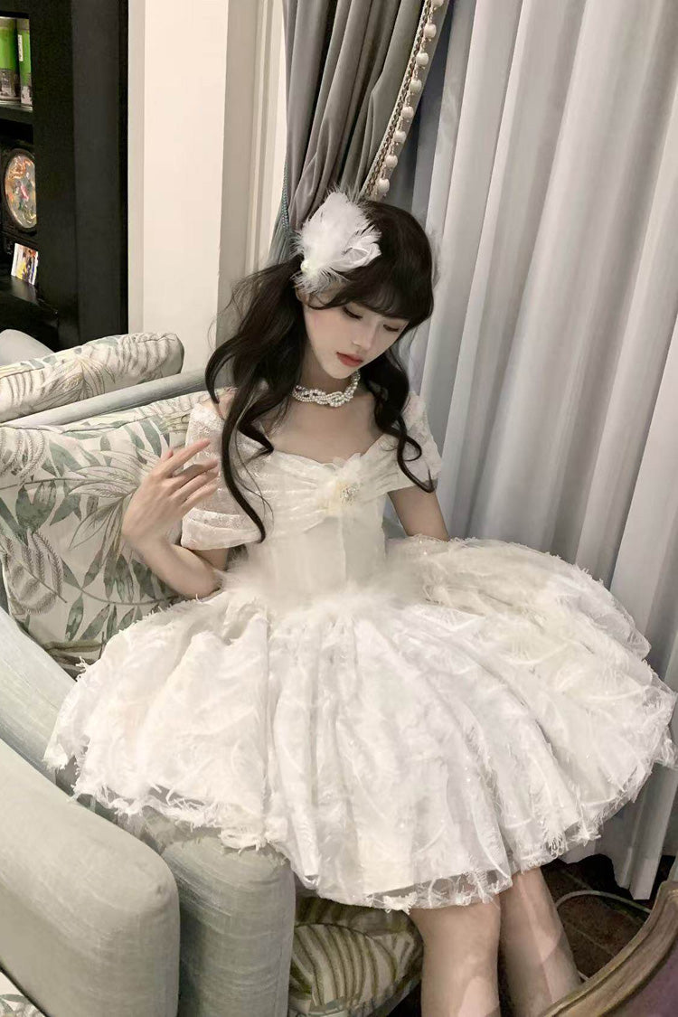 Ivory Moonlight Off-Shoulder Jacquard Embroidered Bow Gothic Mini JSK