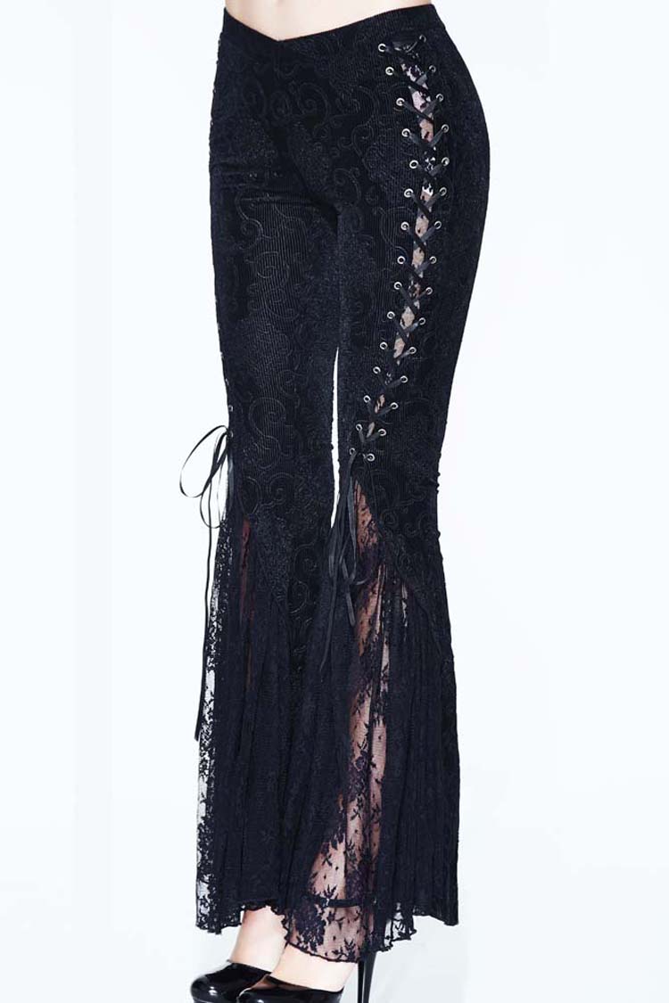 Lace-Up Flared Velveteen Gothic Pants with Pattern