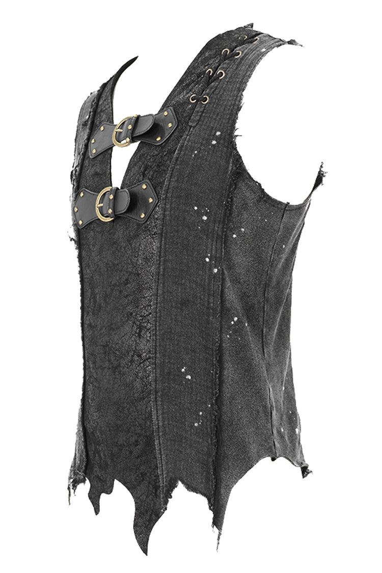 Sleeveless Buckle-Strap Punk Vest with Ripped Details