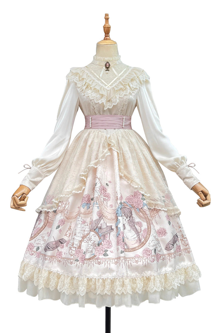 Apricot Rose Prologue Print Long Sleeve Ruffle Sweet Elegant Lolita Dress