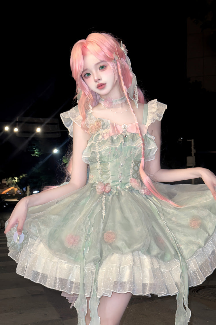Emerald Flower Fairy Forest Garden Print Frill Bow Lace Gown