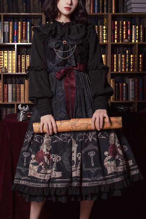 Strapless Gothic Lolita JSK with Rose Print and Bowknot Ruffles