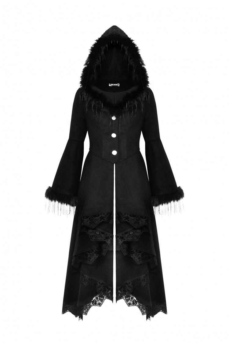 Charcoal Hooded Romantic Coat with Flared Sleeves and Buttons
