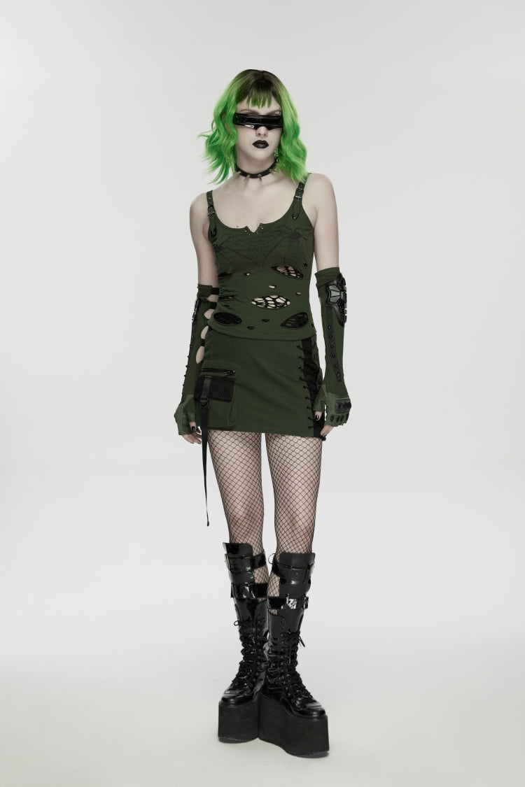 Off Shoulder Slim Ripped Buckled Spider Web Print Vest - Punk