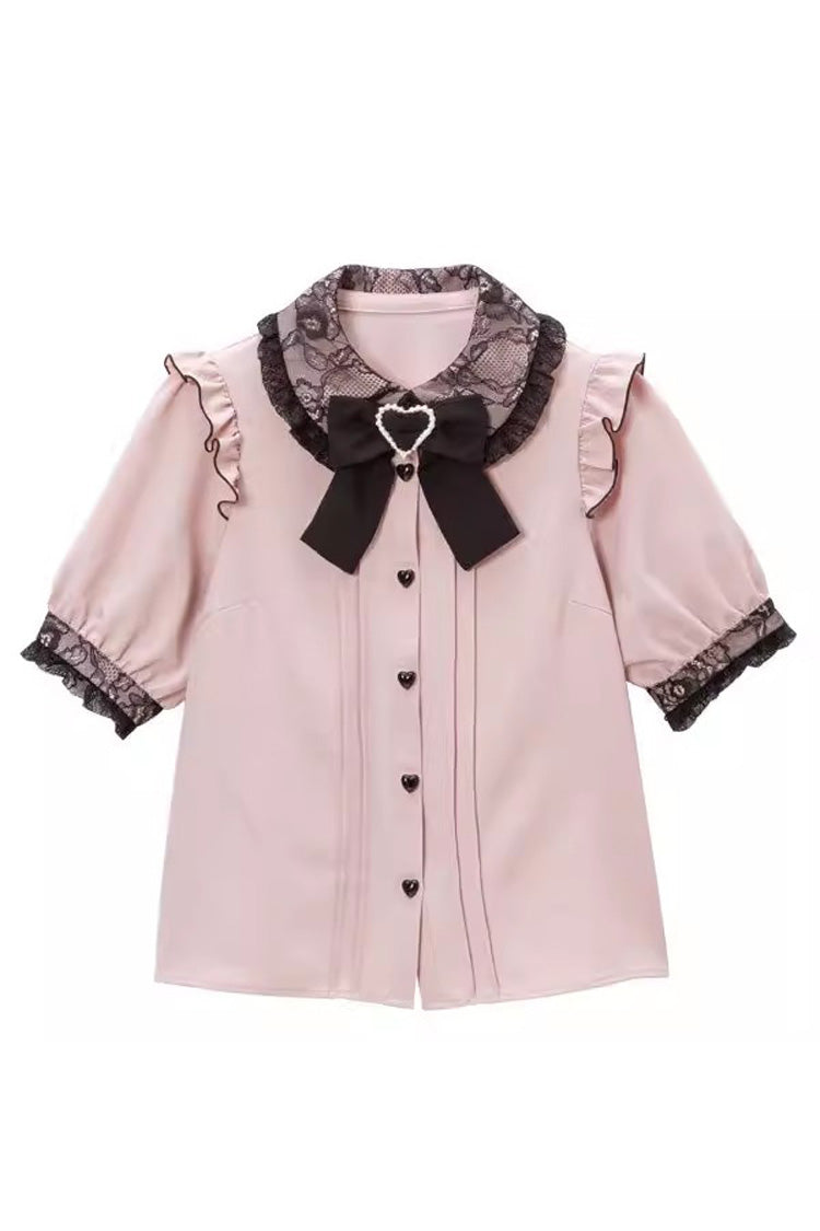 Japanese Lolita Blouse with Doll Collar, Short Sleeves, and Bow, 4 Colors