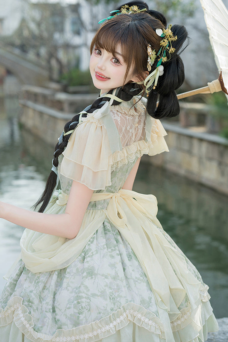 Jade Chiffon Double-Ruffle Bowknot Lace Chinese-Style Lolita Dress