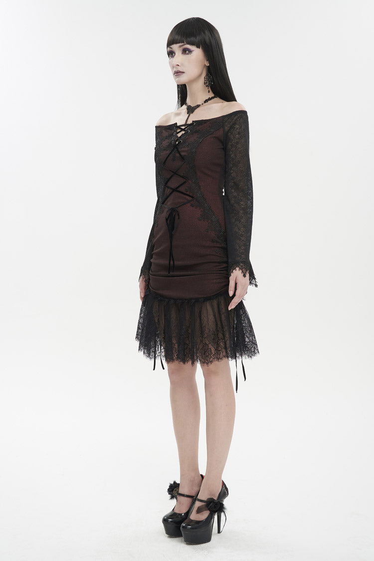 Red Textured One-Shoulder Lace Bell Sleeve Gothic Dress