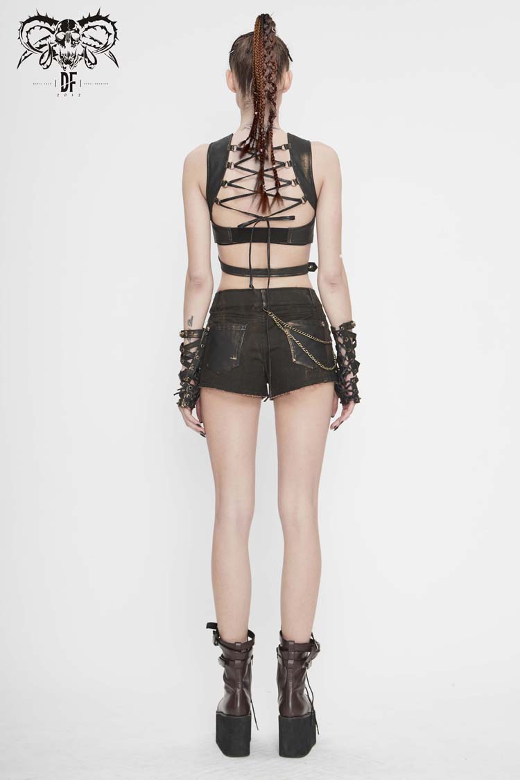 Vintage Hand Wiped Leather Shoulder Loop Backless Lace-Up Punk Waistcoat
