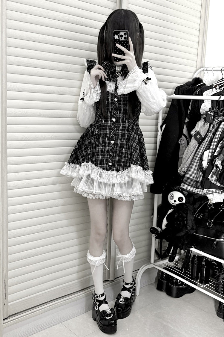 Black Plaid Print Ruffle Bow Lace Sweet Jirai Kei Dress with Shorts