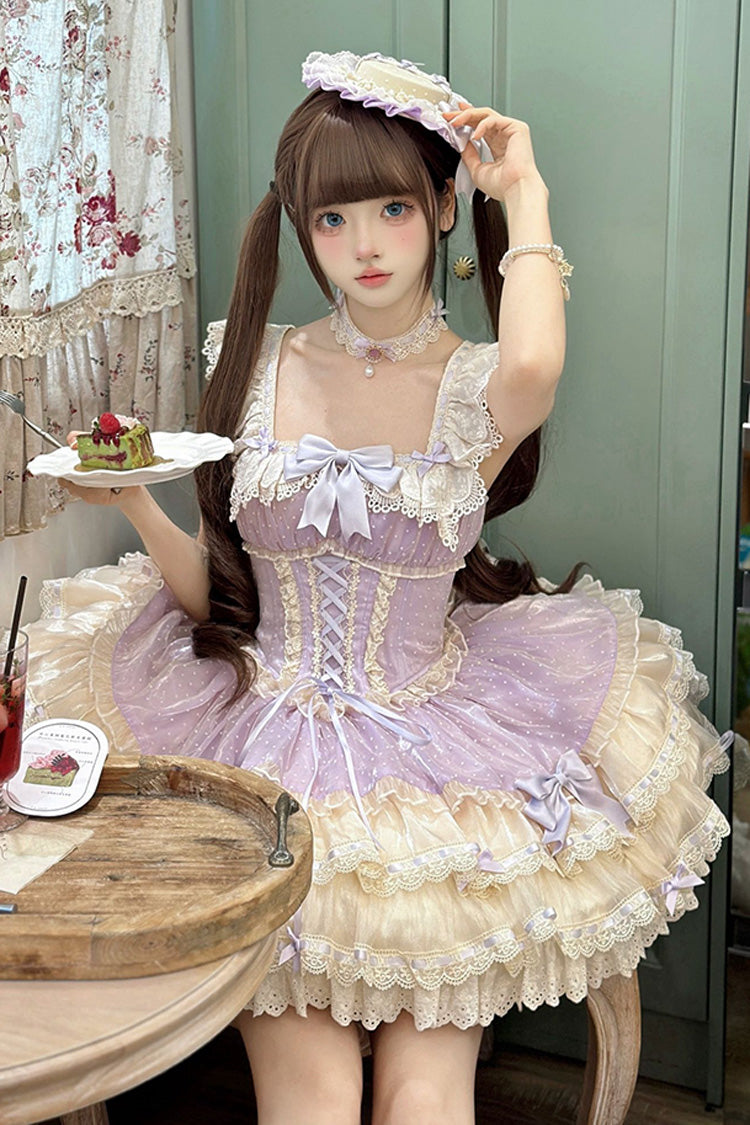 Flory Butterfly Violet Double-Layered Ruffle Bowknot Lace-Up Ballet Lolita JSK - Flory Butterfly