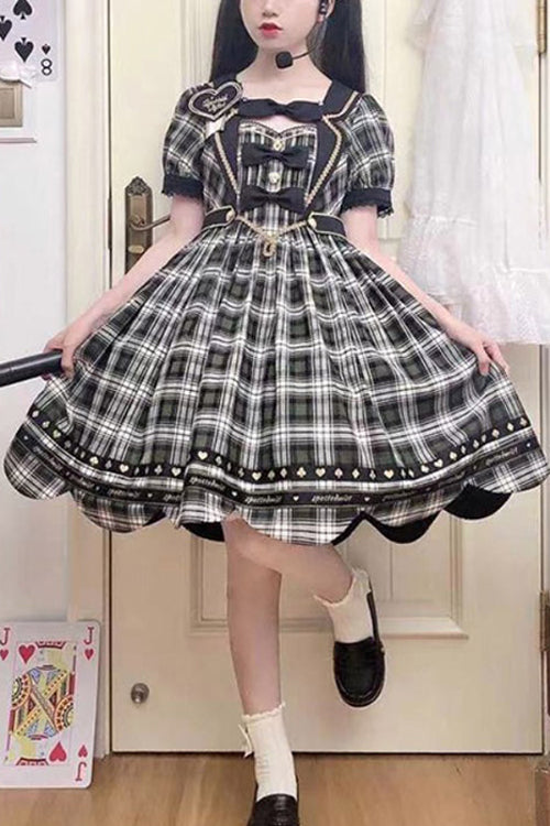 Jade High-Waist Sweet Lolita OP with Plaid Print and Bowknot