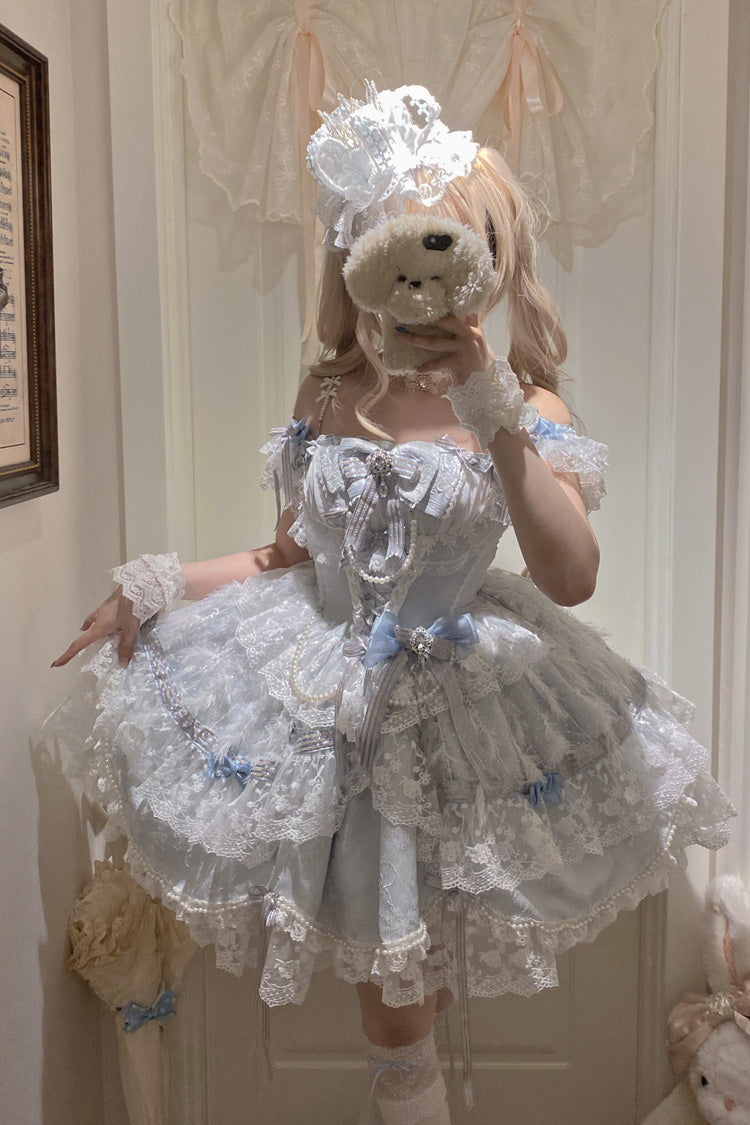 Anna's Ball Square Collar Ruffled Hanayome Bow Lace Ballet JSK - Blue
