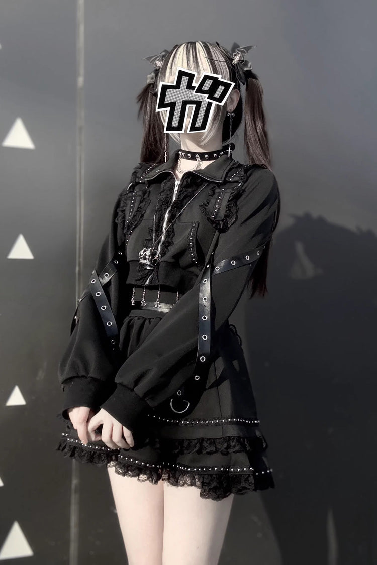 Black Gothic Ruffle Lace Zip Skirt Ensemble Jirai Kei