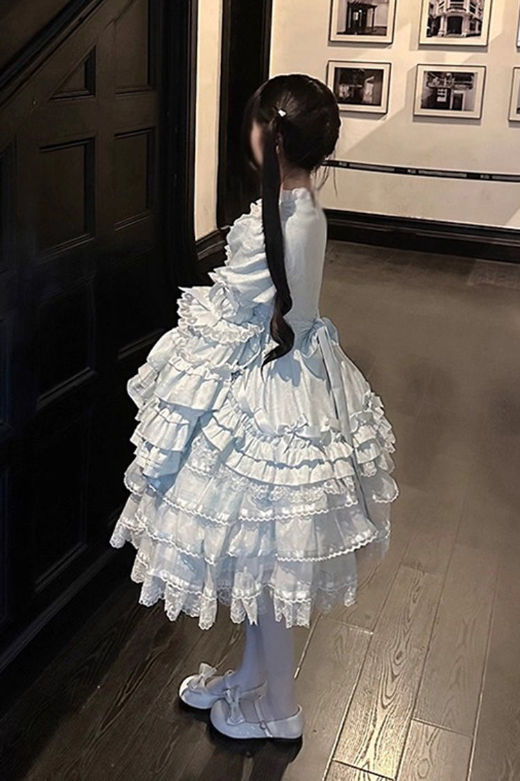 Blue Soloist Doll Long Hime Sleeve Multi-Layer Print Ruffle Bow Asymmetrical Sweet Lolita