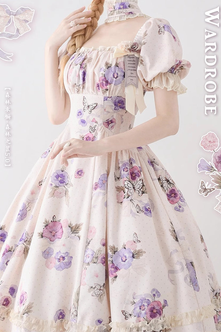 Forest Basket Printed Ruffled Lace Sweet Elegant Dress
