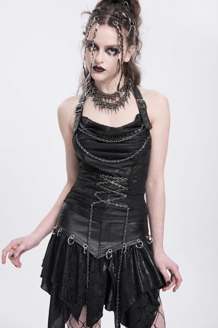 Rebel Black Chained Ripped Halter Punk Vest