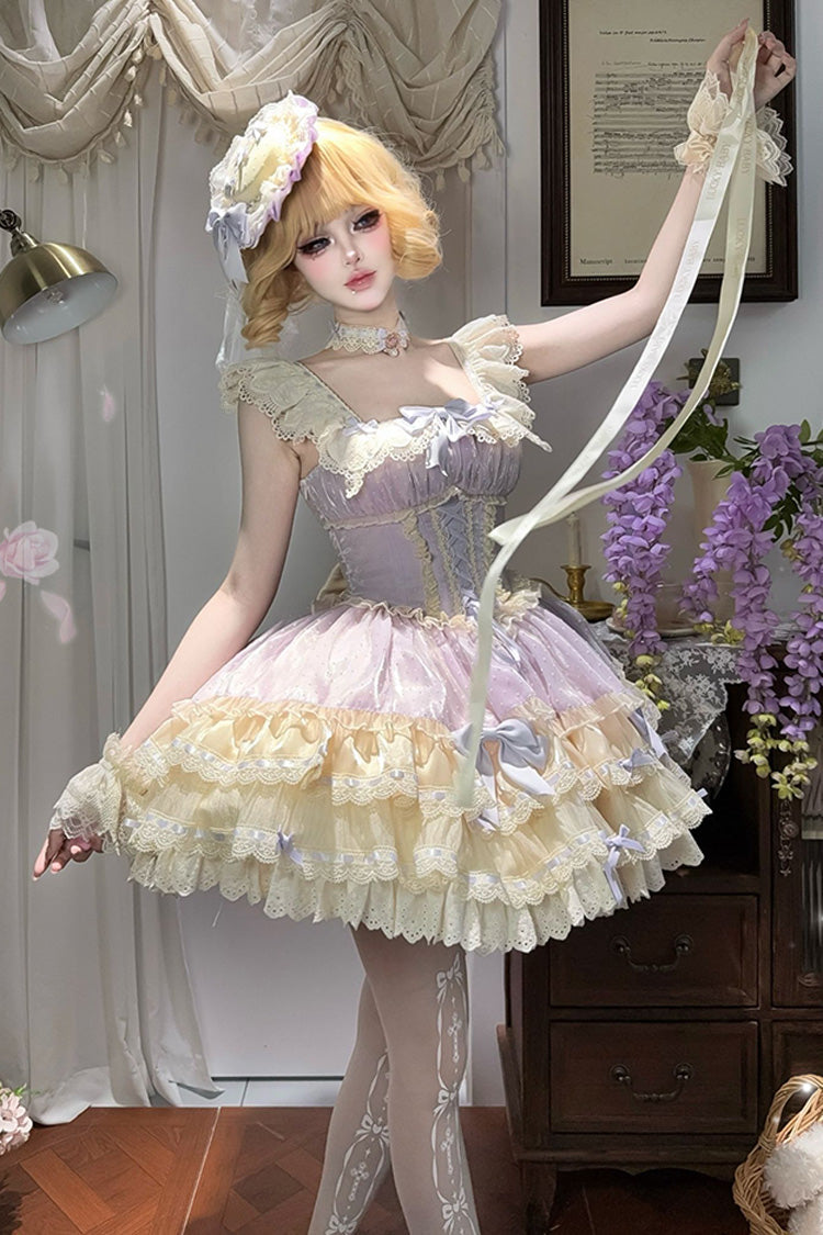 Flory Butterfly Violet Double-Layered Ruffle Bowknot Lace-Up Ballet Lolita JSK - Flory Butterfly