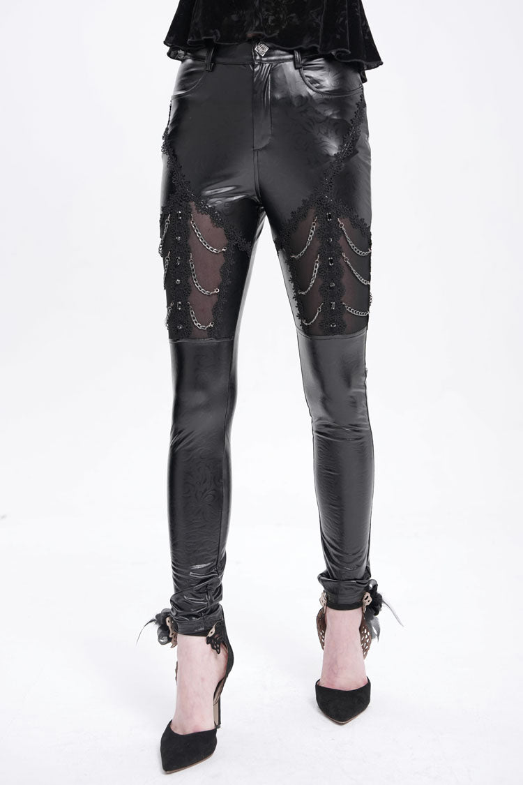 Gothic Pants with Faux Leather Stitching Lace and Chain
