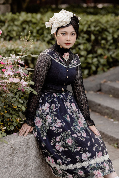 Black French Rose Floral Print V-Neck Sleeveless Ruffled Classic Lolita JSK Dress - Altfashion Shop