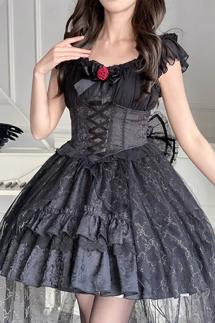 Black Short Sleeved Ruffled Rose Gothic Tiered Dress with Bow