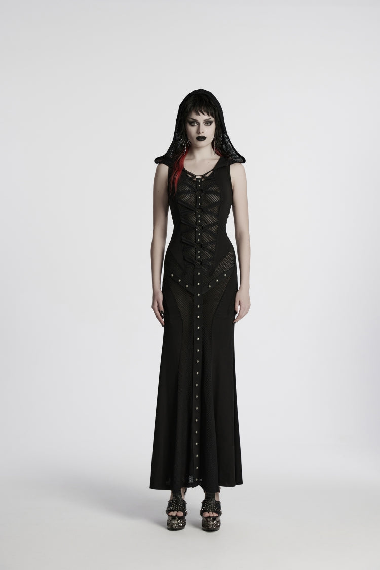 Off Shoulder Sleeveless Spliced Lace-Up Slim Mesh Studded Eyelet Punk Dress