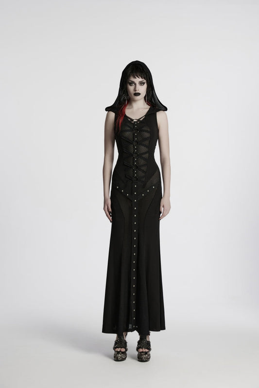 Off Shoulder Sleeveless Spliced Lace-Up Slim Mesh Studded Eyelet Punk Dress