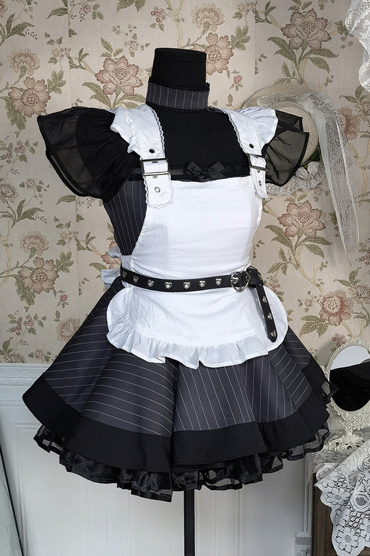 Grey Stripe Print Ruffled Bow Gothic Japanese Maid Dress