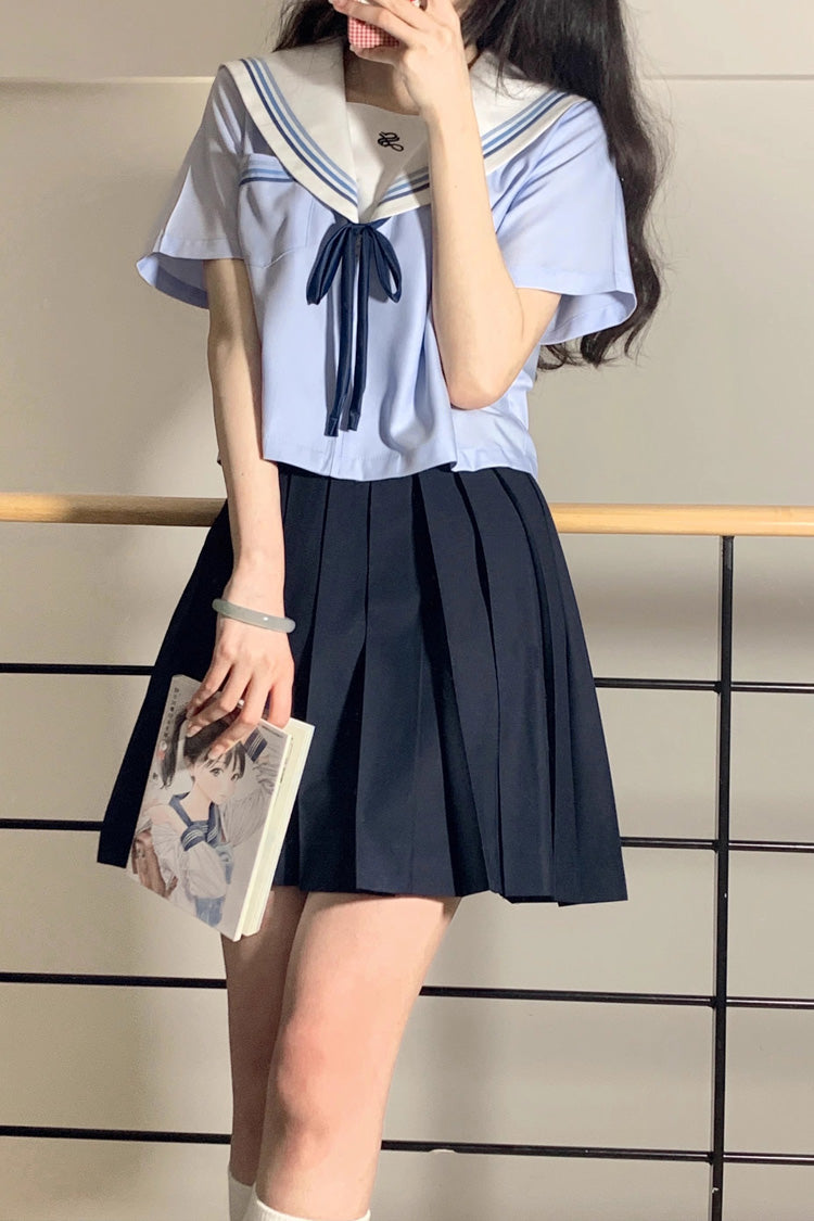 Navy Sailor-Inspired Pleated School Skirt with Sweet Charm